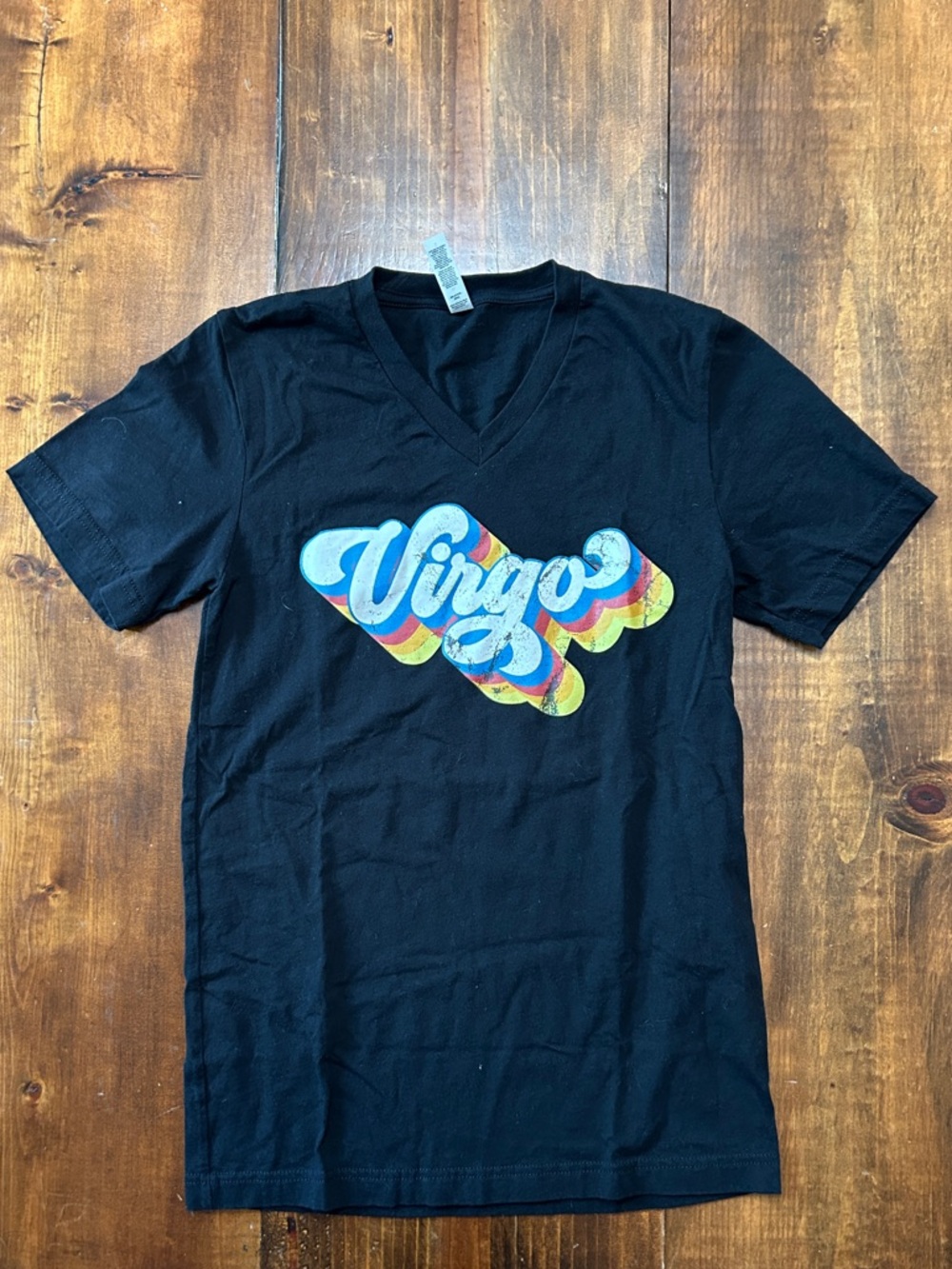 Black "Virgo" Retro Rainbow Script V-Neck Small Womens Astrology Tee